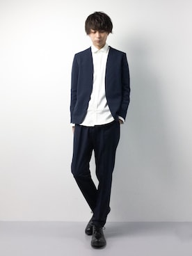 「Lui's（ルイス）のアイテム（ノーカラージャケット）」を使った、セキユウスケさん（メンズ・180cm）の冬コーディネート