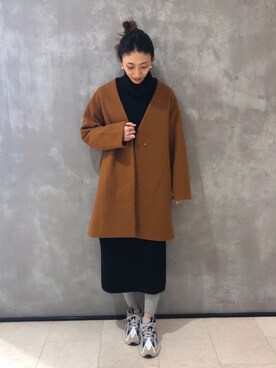 「Lugnoncure（ルノンキュール）の≪USED≫フェイクウールYカラーコート（ジャケット/アウター、ブラウン系）」を使った、SUZUKI YUNAさん（レディース・161cm）の秋コーディネート