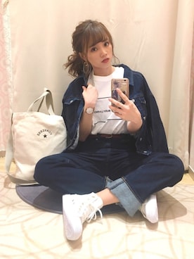「earth music&ecology（アースミュージックアンドエコロジー）のアイテム（ジャケット/アウター）」を使った、Harukaさん（レディース・158cm）の春コーディネート