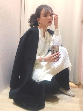 「ケーブルニット」｜「アイテム（腕時計）」を使った、Harukaさん（レディース・158cm）の冬コーディネート