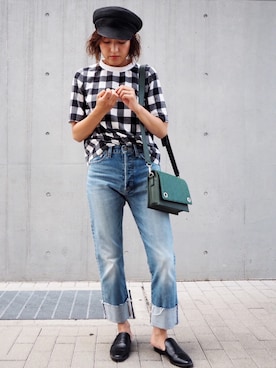 「MERCURYDUO（マーキュリーデュオ）のアイテム（デニムパンツ）」を使った、ukoさん（レディース・159cm）の夏コーディネート