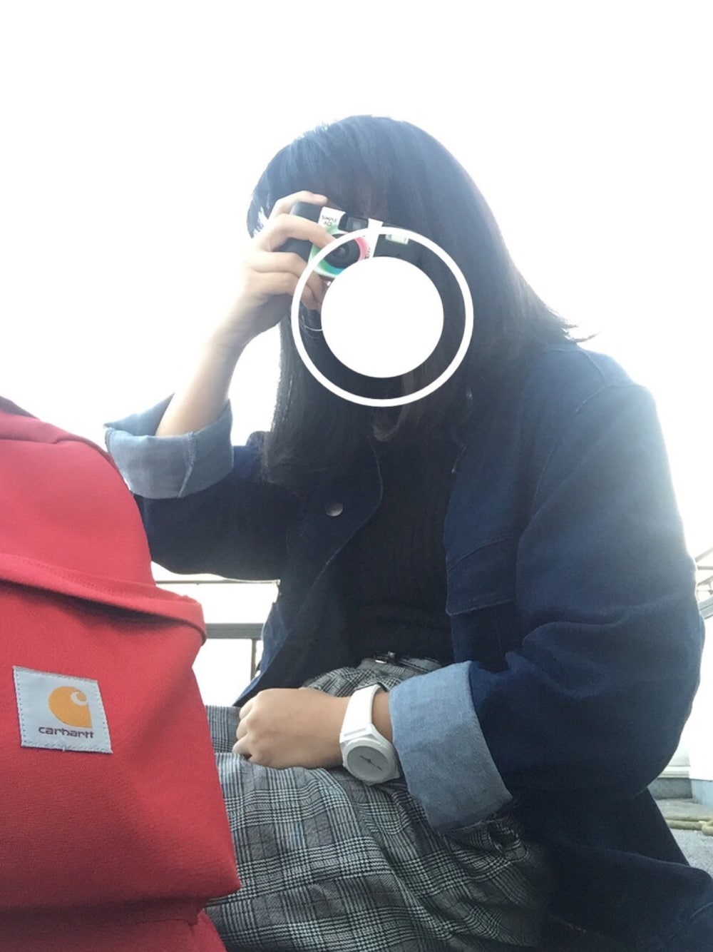 「秋コーデ、グレンチェック、写ルンです、INGNI、guess、GU、carhartt」｜「GUのアイテム（デニムジャケット、ブルー系）」を使った、kako.°さん（レディース・156cm）の秋コーディネートの1枚目の写真