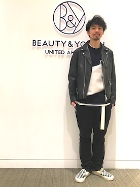 「ららぽーと富士見」｜「アイテム（ライダースジャケット）」を使った、Daisuke Kuoriさん（メンズ・180cm）の冬コーディネート