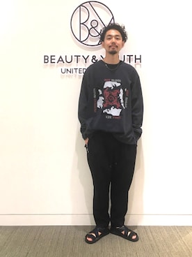 「BEAUTY&YOUTH UNITED ARROWS（ビューティーアンドユースユナイテッドアローズ）の【別注】 ＜MALIBU SANDAL＞ Canyon/サンダル（サンダル、ブルー系）」を使った、Daisuke Kuoriさん（メンズ・180cm）の夏コーディネート
