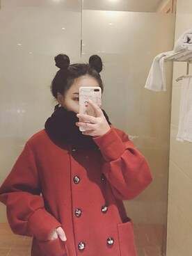 「アイテム（ダッフルコート、レッド系）」を使った、鹅蛋子さん（レディース・158cm）の冬コーディネート