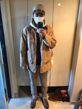 「Champion」｜「アイテム（カバーオール）」を使った、mabuさん（メンズ・189cm）の秋コーディネート