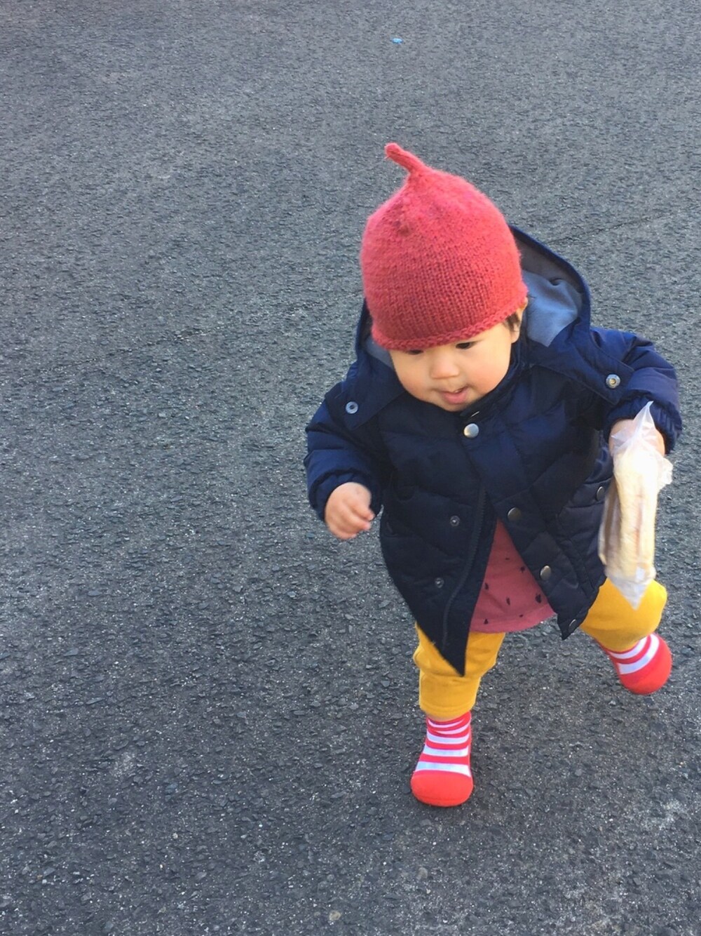 「1歳、ハデハデ、こびと帽、散歩」｜「b・ROOMのダウン入りブルゾン（ダウンジャケット/コート、ブルー系）」を使った、ちかまるさん（キッズ・80cm）の冬コーディネートの1枚目の写真