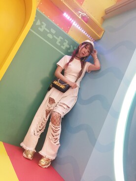 「WEGO（ウィゴー）のWEGO/タックヘビークラッシュワイドパンツ（デニムパンツ、ホワイト系）」を使った、Reika玲華さん（レディース・163cm）の夏コーディネート