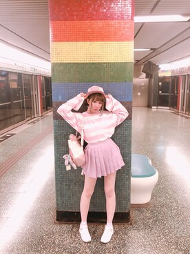 「Disney（ディズニー）のアイテム（バックパック/リュック、ピンク系）」を使った、Reika玲華さん（レディース・163cm）の春コーディネート