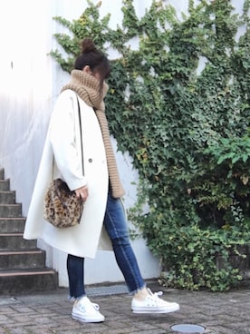 「Ungrid（アングリッド）のインディゴフレイドヘムストスリ（デニムパンツ）」を使った、Atsukoさん（レディース・152cm）の冬コーディネート