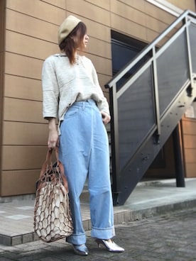 「シルバーシューズ」｜「アイテム（ハンチング/ベレー帽）」を使った、Atsukoさん（レディース・152cm）の春コーディネート