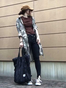 「ロングジャケット」｜「アイテム（キャップ）」を使った、Atsukoさん（レディース・152cm）の秋コーディネート