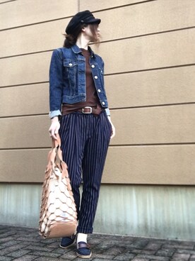 「UNIQLO（ユニクロ）のスーピマコットンリブクルーネックT（半袖）（Tシャツ/カットソー）」を使った、Atsukoさん（レディース・152cm）の秋コーディネート