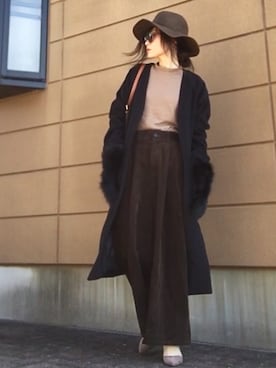「GLOBAL WORK（グローバルワーク）のフェルトロングブリムハット/705078（ハット）」を使った、Atsukoさん（レディース・152cm）の冬コーディネート