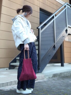 「ドットパンツ」｜「アイテム（デニムジャケット）」を使った、Atsukoさん（レディース・152cm）の春コーディネート