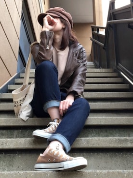 「UNIQLO（ユニクロ）のワッフルクルーネックT（5分袖）（Tシャツ/カットソー）」を使った、Atsukoさん（レディース・152cm）の春コーディネート