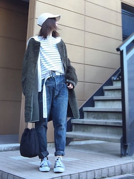 「サルエルデニム」｜「アイテム（その他アウター）」を使った、Atsukoさん（レディース・153cm）の冬コーディネート