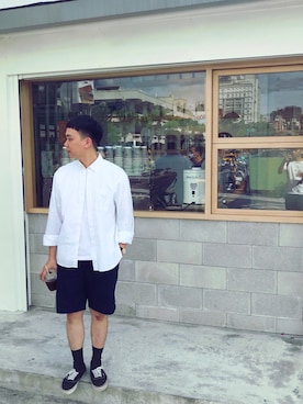 「GLOBAL WORK（グローバルワーク）のアイテム（シャツ/ブラウス、ホワイト系）」を使った、ChihHsiさん（メンズ・168cm）の夏コーディネート
