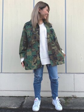 「迷彩柄」｜「アイテム（ブルゾン）」を使った、Reinaさん（レディース・155cm）の冬コーディネート
