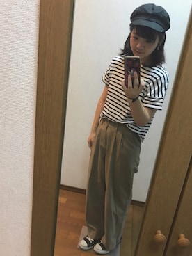 「earth music&ecology（アースミュージックアンドエコロジー）のアイテム（キャスケット、ブラック系）」を使った、aym_さん（レディース・160cm）の夏コーディネート