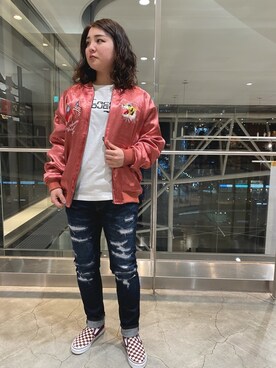 「アイテム（スカジャン、ピンク系）」を使った、halnoさん（レディース・158cm）の冬コーディネート