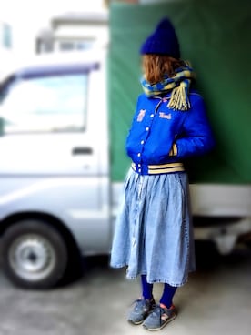 「アイテム（タイツ/ストッキング、ブルー系）」を使った、アクロン🚛🎶さん（レディース・163cm）の冬コーディネート