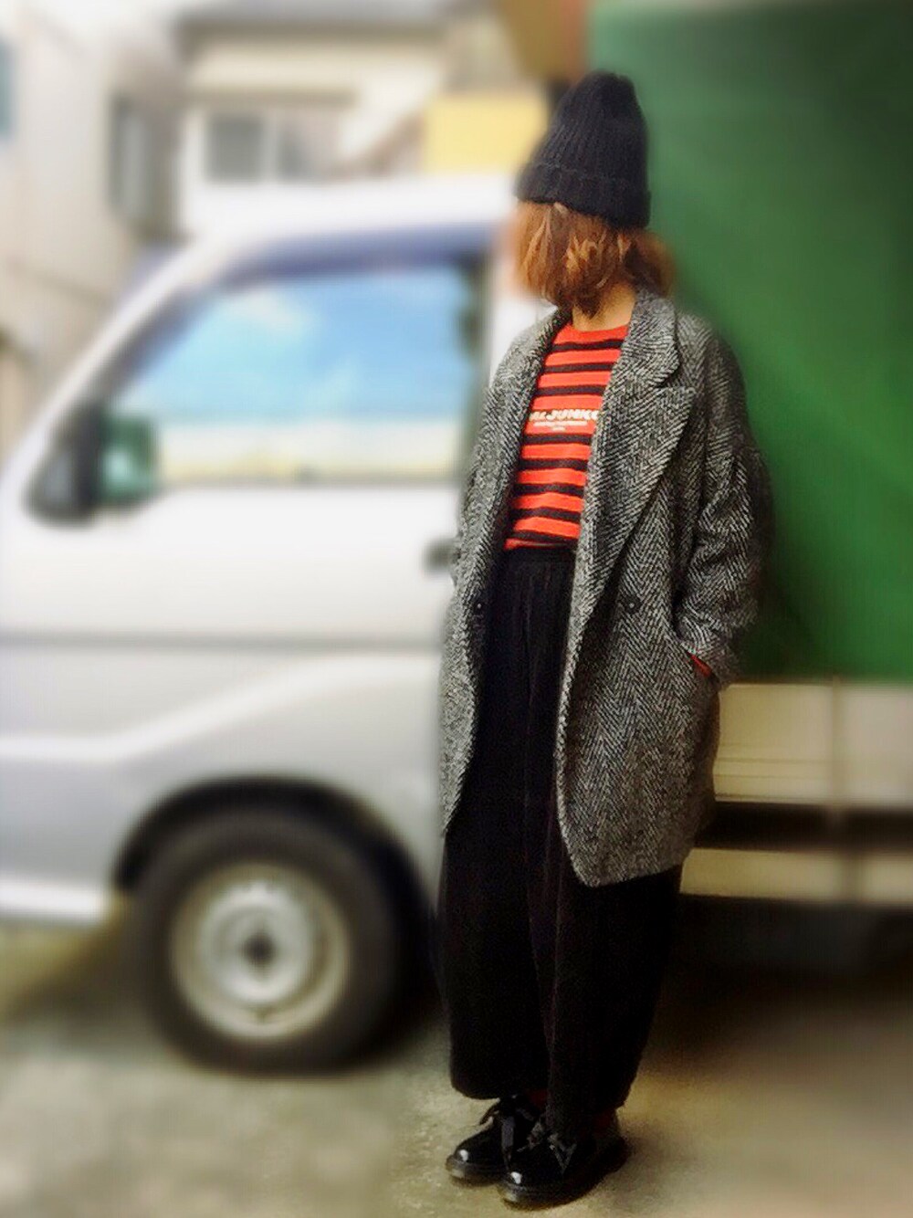 「古着、古着MIX、ボーダー、Mr.junko、2017年コシノ推し、次女、誕生日、おめでとう、リアルガチ、出川哲郎」｜「古着 Mr.JUNKOのアイテム（Tシャツ/カットソー、レッド系）」を使った、アクロン🚛🎶さん（レディース・164cm）の冬コーディネートの1枚目の写真