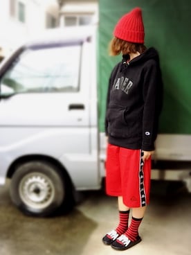 「ジャージーパンツ」｜「アイテム（ニットキャップ/ビーニー）」を使った、アクロン🚛🎶さん（レディース・164cm）の春コーディネート