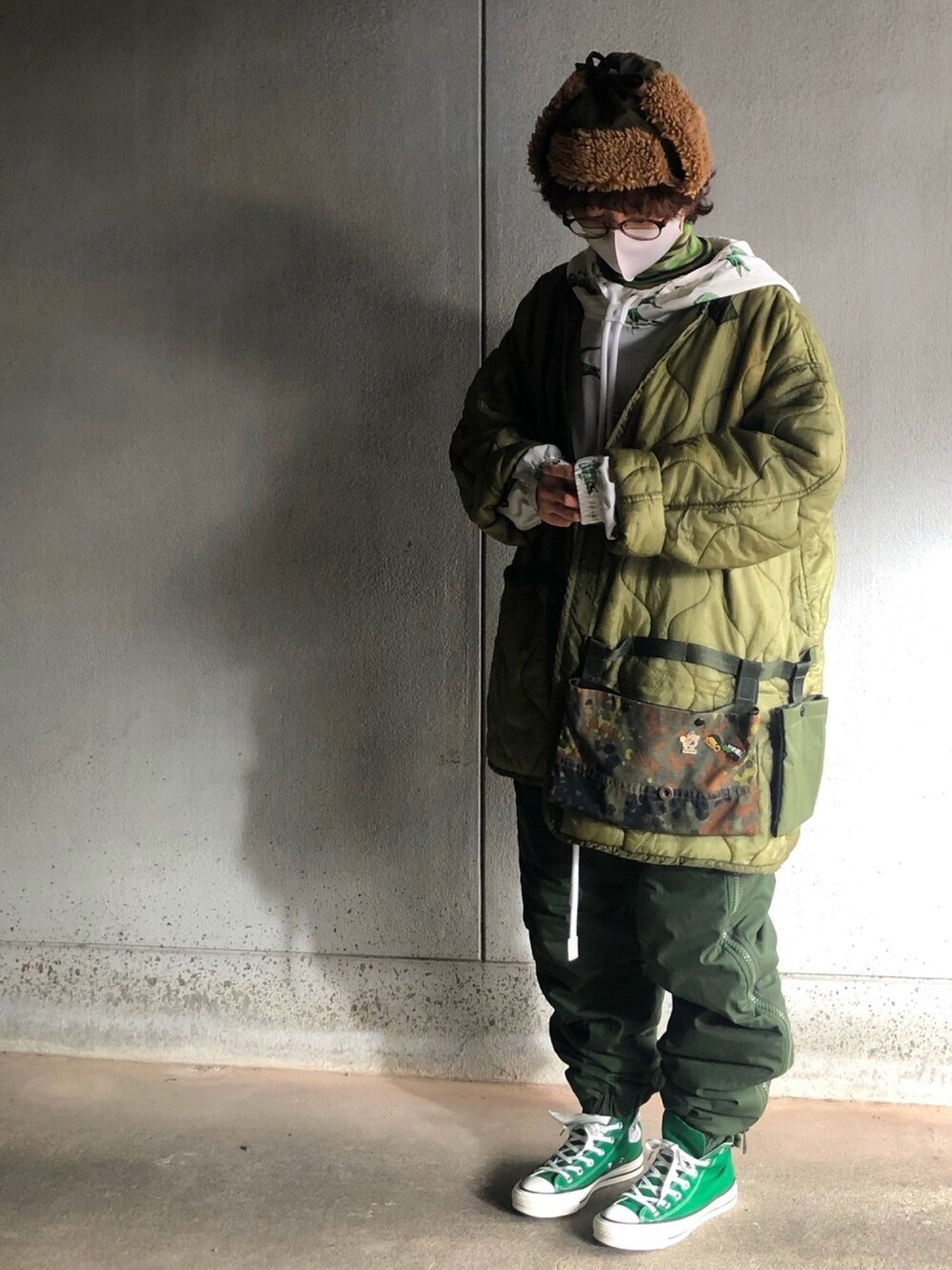「レイヤード、ミリタリー、ライナーコート、ライナージャケット、アクロンリメイク✂️、軍パン、軍物、フライトキャップ、年末WEAR感謝祭、あったかコーデ」｜「BEAMS BOYのBEAMS BOY / フライス マルチボーダー タートルネック プルオーバー カットソー（Tシャツ/カットソー、グリーン系）」を使った、アクロン🚛🎶さん（レディース・164cm）の冬コーディネートの1枚目の写真