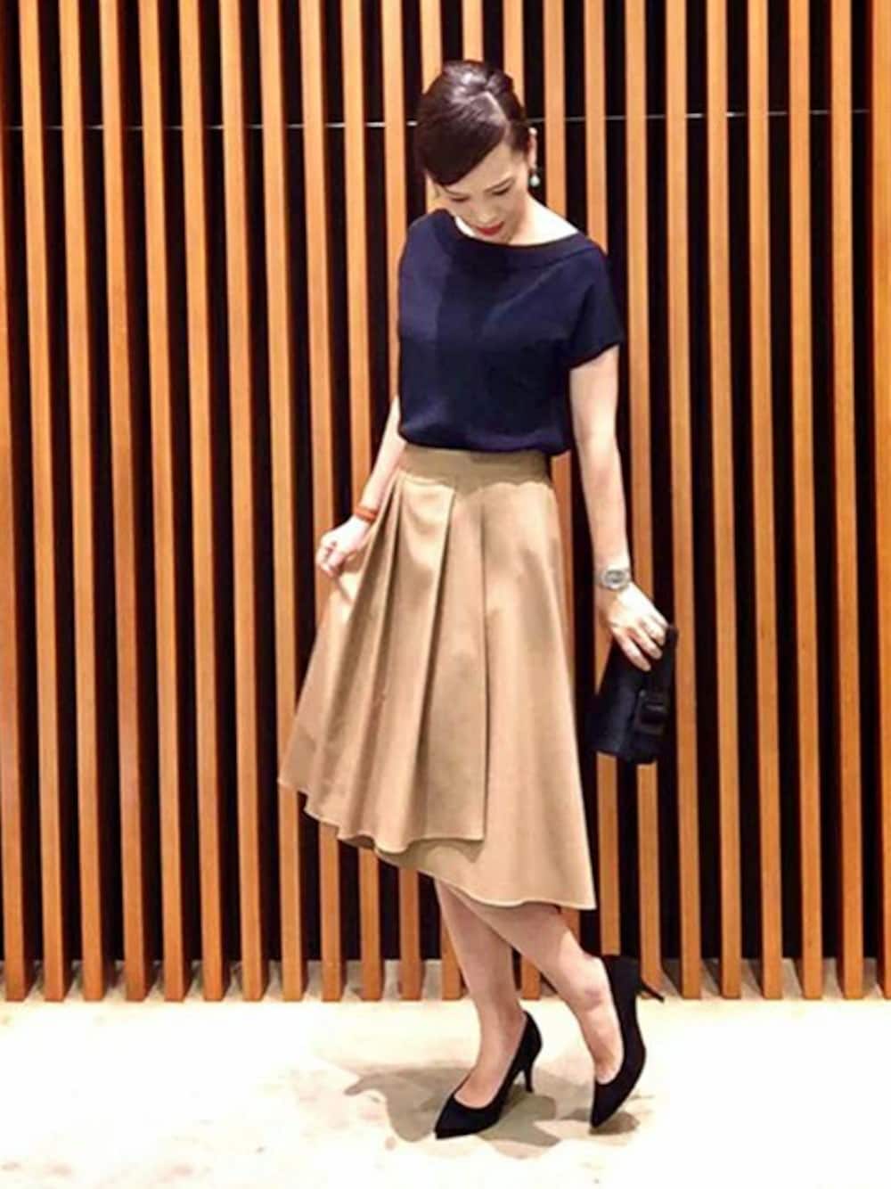 「ニット、大人コーデ、ラップスカート、女性らしい、フィッシュテール」｜「UNTITLEDの〔洗える〕リブボートネックニット（ニット/セーター、ブルー系）」を使った、UNTITLEDさん（レディース・169cm）の夏コーディネートの1枚目の写真