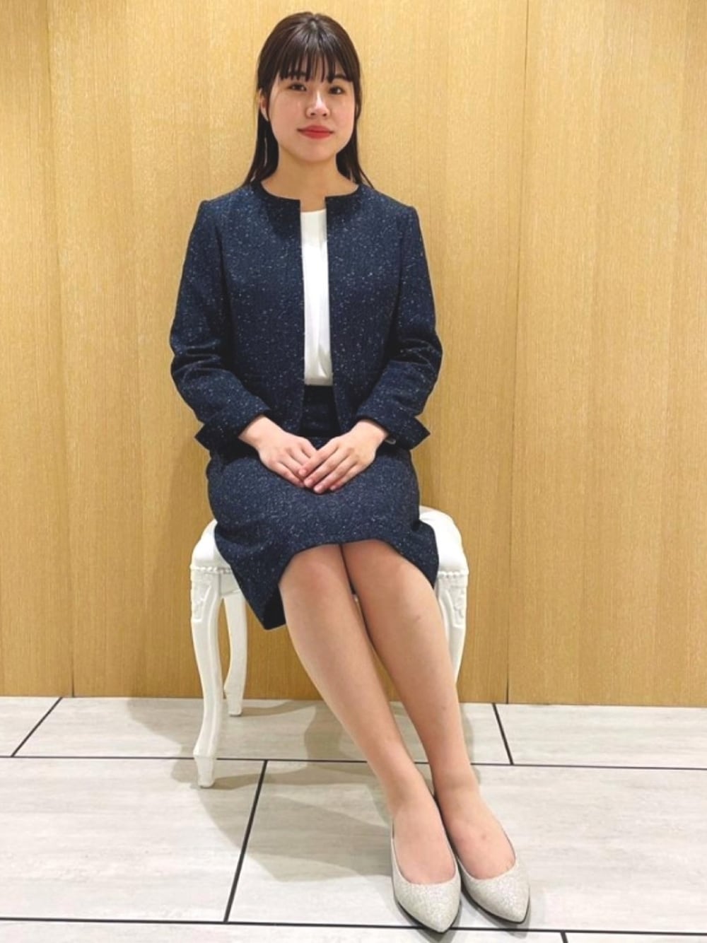 「アンタイトル、アンタイトル(UNTITLED)、セレモニー、フォーマル、卒業式、入学式、卒園式、入園式、柔らかなツイード、ツイードジャケット」｜「UNTITLEDの【洗える】ソフィアネオツィードノーカラージャケット（スーツジャケット、ブルー系）」を使った、UNTITLEDさん（レディース・163cm）の冬コーディネートの1枚目の写真