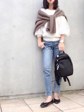 「ZOZO（ゾゾ）のスリムテーパードデニムパンツ［WOMEN］（デニムパンツ）」を使った、なな☺︎さん（レディース・155cm）の春コーディネート