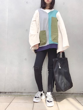 「ポケットＴシャツ」｜「アイテム（ブルゾン）」を使った、なな☺︎さん（レディース・155cm）の春コーディネート