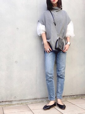 「ZOZO（ゾゾ）のスリムテーパードデニムパンツ［WOMEN］（デニムパンツ）」を使った、なな☺︎さん（レディース・155cm）の春コーディネート