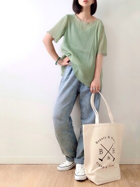 「kutir（クティール）のカラーマーブルクリアリング（リング）」を使った、なな☺︎さん（レディース・155cm）の夏コーディネート