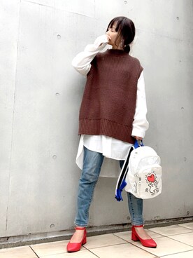 「ZOZO（ゾゾ）のスリムテーパードデニムパンツ［WOMEN］（デニムパンツ）」を使った、なな☺︎さん（レディース・155cm）の秋コーディネート