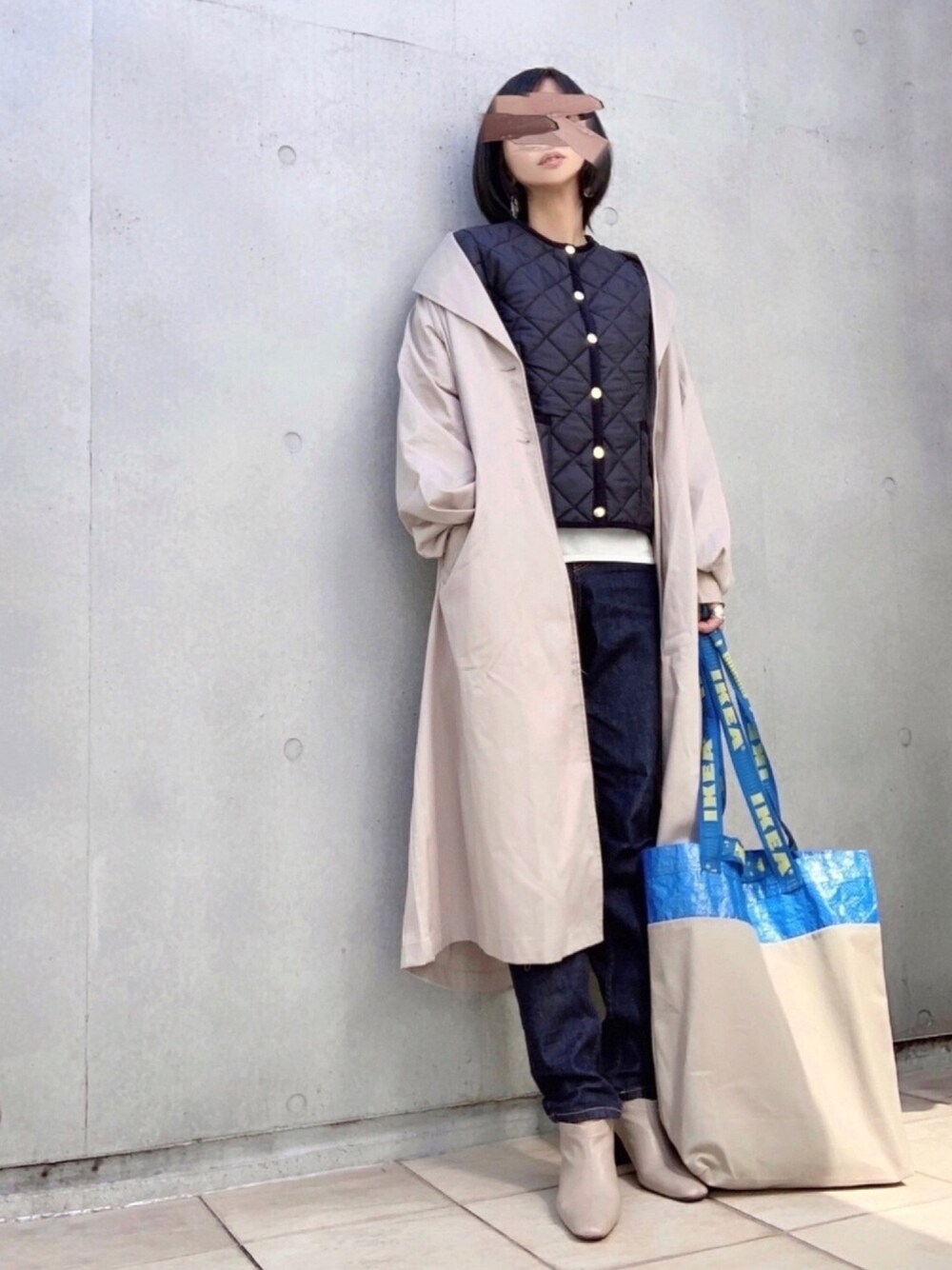 「Traditional Weatherwear、ARKLEY、キルティングジャケット、ライナージャケット、デニム、トレンチコート」｜「Traditional WeatherwearのARKLEY（ノーカラージャケット、ブルー系）」を使った、なな☺︎さん（レディース・155cm）の秋コーディネートの1枚目の写真