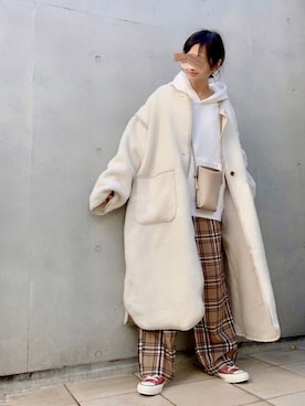 「チェック柄に恋してる」｜「アイテム（ムートンコート）」を使った、なな☺︎さん（レディース・155cm）の秋コーディネート