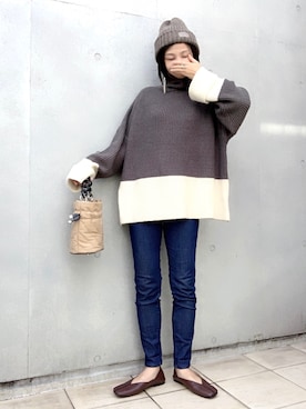 「スクエアトゥ」｜「アイテム（ニットキャップ/ビーニー）」を使った、なな☺︎さん（レディース・155cm）の冬コーディネート