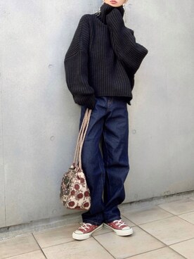 「ap retro（アプレトロ）のストレートデニムパンツ【ZOZO限定アイテム】（デニムパンツ）」を使った、なな☺︎さん（レディース・155cm）の冬コーディネート