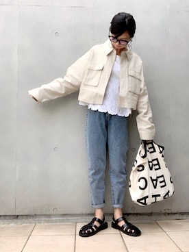 「ハイウエストデニム」｜「アイテム（その他アウター）」を使った、なな☺︎さん（レディース・155cm）の春コーディネート
