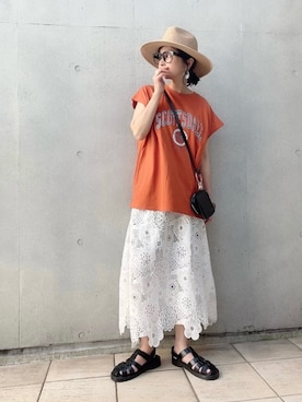 「ストローハット」｜「アイテム（その他）」を使った、なな☺︎さん（レディース・155cm）の夏コーディネート