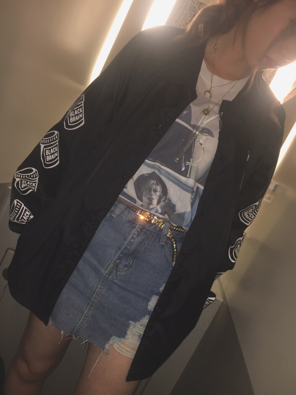 「プチプラ、BLACK BRAIN、古着、メンズアイテム」｜「BLACK BRAINのアイテム（ナイロンジャケット、ブラック系）」を使った、もぇさん（レディース・161cm）の秋コーディネートの1枚目の写真
