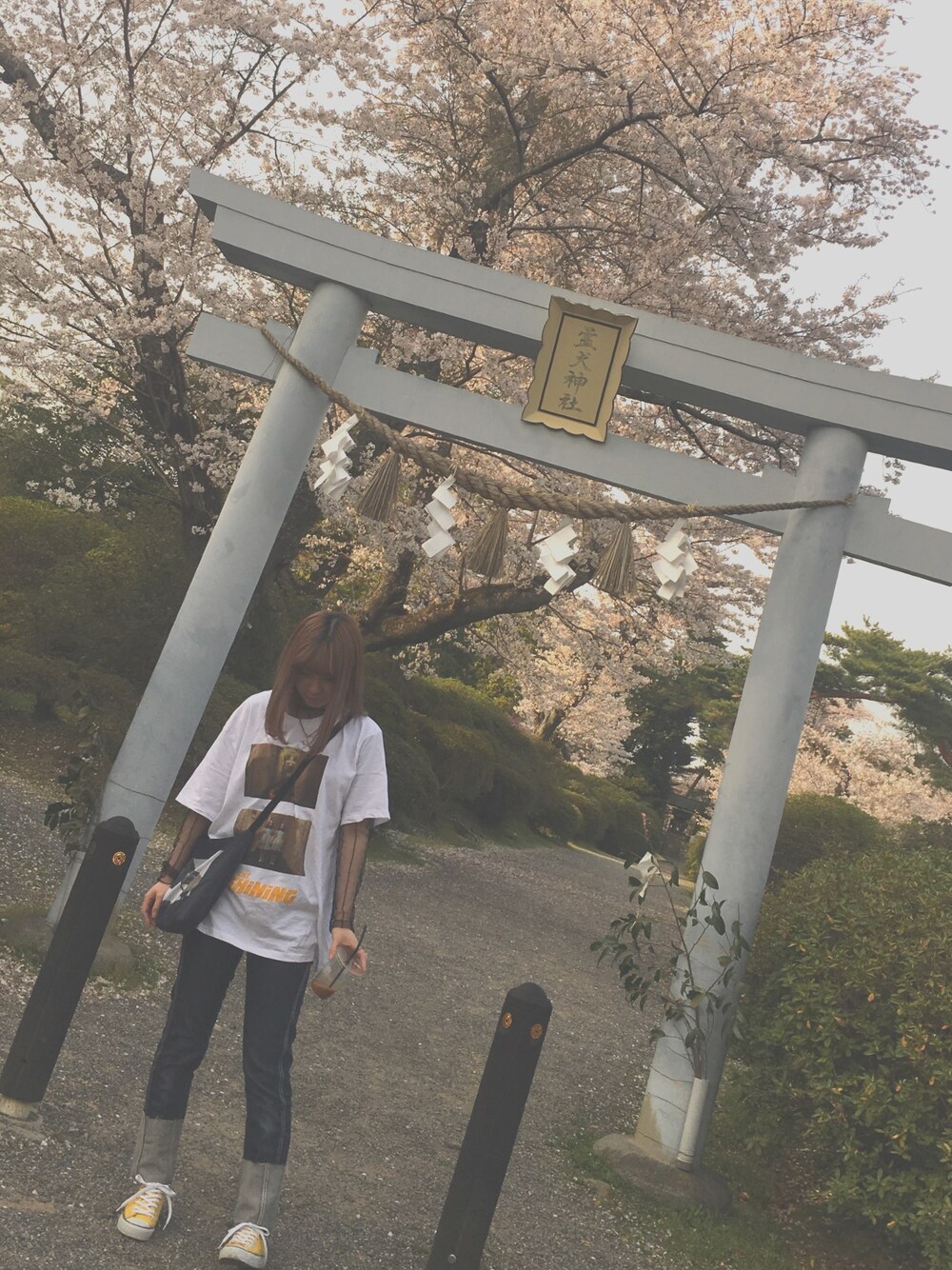 「桜、お花見、プチプラ、体型カバー、メンズアイテム、converse、古着、マチルダ」｜「H&Mのアイテム（Tシャツ/カットソー、ホワイト系）」を使った、もぇさん（レディース・161cm）の春コーディネートの1枚目の写真