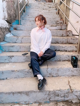 「JEANASIS（ジーナシス）のシャツテイルBIGロンT/826709（Tシャツ/カットソー）」を使った、nisikihana( ◡̈)งさん（レディース・163cm）の冬コーディネート