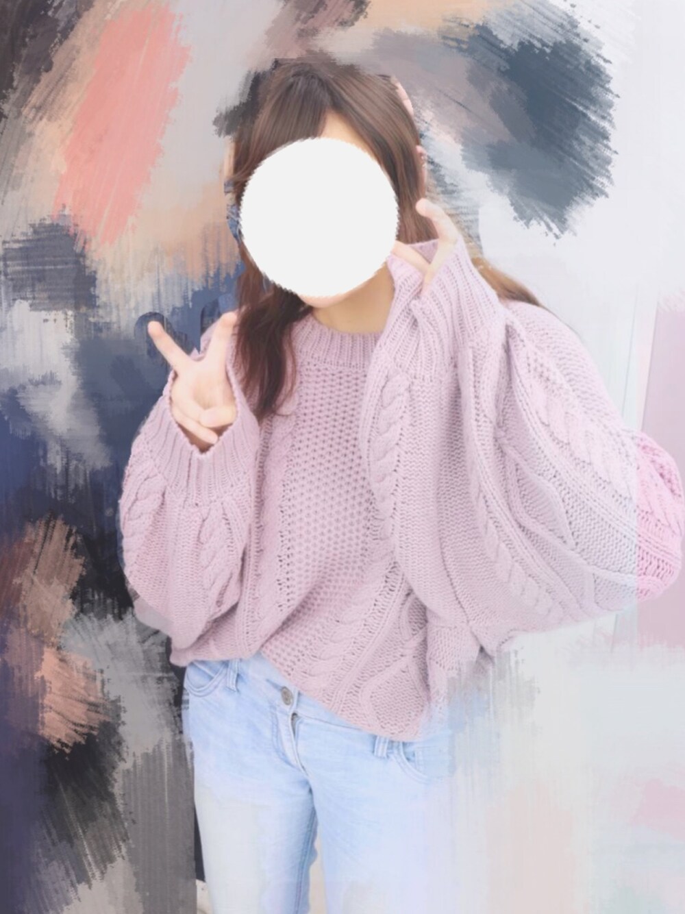 「春、カジュアル、春コーデ、ピンク、オーバーサイズ、スキニーデニム、厚底シューズ」｜「apres jourの【大きいサイズ】ケーブル編みドルマンニット【ZOZOTOWN限定アイテム】（ニット/セーター、パープル系）」を使った、星さん（レディース・156cm）の春コーディネートの1枚目の写真