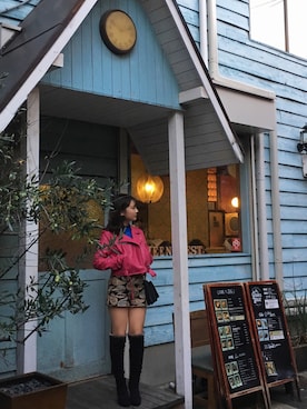 「JK」｜「アイテム（ライダースジャケット）」を使った、英美里さん（レディース・157cm）の冬コーディネート