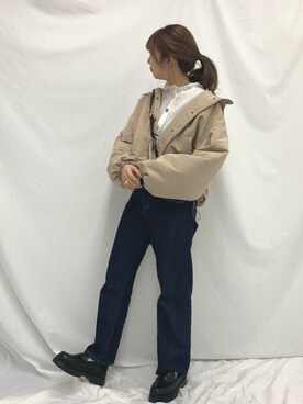 「アウターコーデ」｜「アイテム（マウンテンパーカー）」を使った、にゃんこさん（レディース・165cm）の冬コーディネート