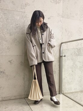 「アイテム（ノーカラーコート、ベージュ系）」を使った、にゃんこさん（レディース・165cm）の秋コーディネート