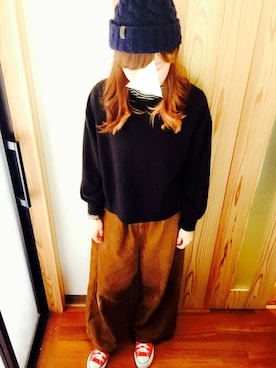 「w closet」｜「アイテム（ニットキャップ/ビーニー）」を使った、kum!さん（レディース・160cm）の冬コーディネート